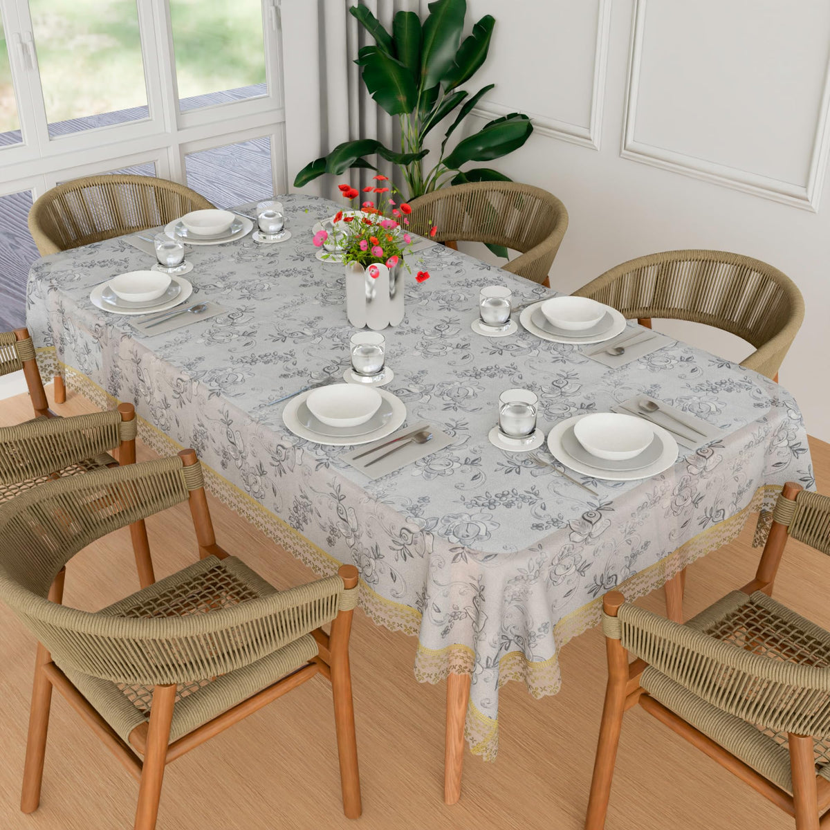 Kuber Industries Dining Table Cover | PVC Table Cover | Golden Embossed Lace Floral Table Cover | Table Protector | Table Cover for Dining Table | 60x90 | Transparent