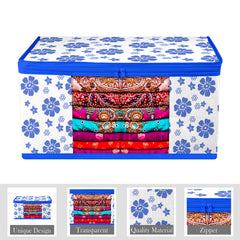 Heart Home Saree Cover | Zip Closure Saree Cover | Clothes Storage Bag | Wardrobe Organiser | Transparent Window Saree Cover | Flower-Design | 9 inch | Pack of 6 | Blue