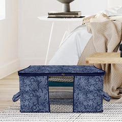 Heart Home Underbed Storage Bag | Clothes Storage Organizer | Visible Window Wardrobe Bag | Closet Organization with Handle | Flower Printed Storage Bag | Pack of 2 | Navy Blue