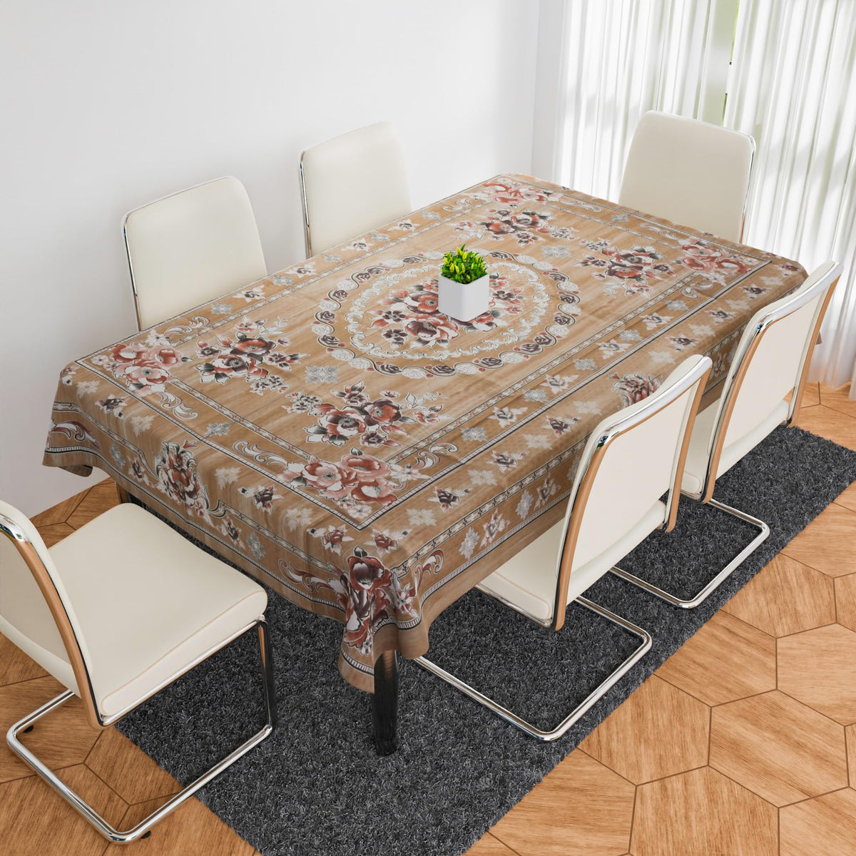 Heart Home Dining Table Cover | PVC Table Cloth Cover | 6 Seater Table Cloth | Table Protector | Table Cover for Dining Table | Passion Flower | 60x90 Inch | DTC | Brown