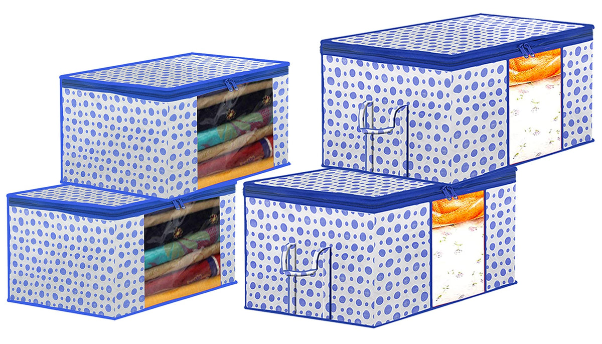 Heart Home Dot Printed Multiuses Non-Woven 2 Saree Cover & 2 Underbed Storage Bag/Organizer Set With Tranasparent Window, Set of 4 (Blue)-46HH0617
