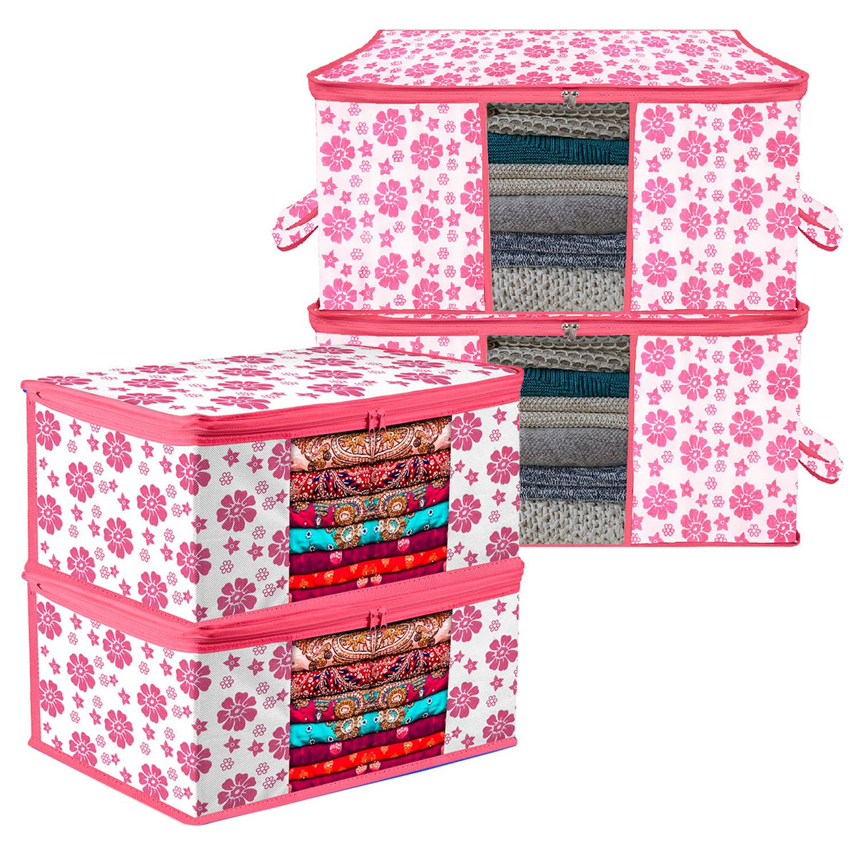 Heart Home Saree Cover & Underbed Stoarge Bag Set | 2 Pieces Saree & 2 Pieces Underbed Storage Bag Combo Set | Zipper Closure & Handle | Flower-Design | Set of 4 | Pink