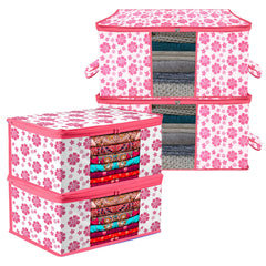 Heart Home Saree Cover & Underbed Stoarge Bag Set | 2 Pieces Saree & 2 Pieces Underbed Storage Bag Combo Set | Zipper Closure & Handle | Flower-Design | Set of 4 | Pink