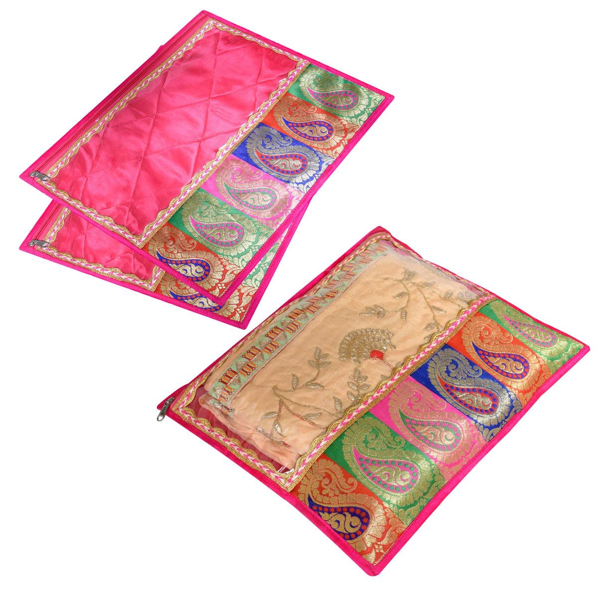 Heart Home Saree Cover | Zipper Closure Single Packing Saree Bag | Clothes Saree Stoarge Organizer | Wardrobe Organizer with Handle | Transparent View Packing Saree Cover | Pack of 9 | Pink