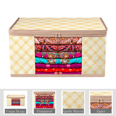 Heart Home Saree Cover | Zip Closure Saree Cover | Clothes Storage Bag | Wardrobe Organiser | Transparent Window Saree Cover | Check-Design | 9 inch | Pack of 9 | Cream