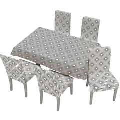 Kuber Industries Set of 7 Waterproof & Oil Repellent Dining Table Chair Cover 6 Seater Full Set | Washable & Dustproof Seat Cover Protector Slipcover | Square Design - Grey and White