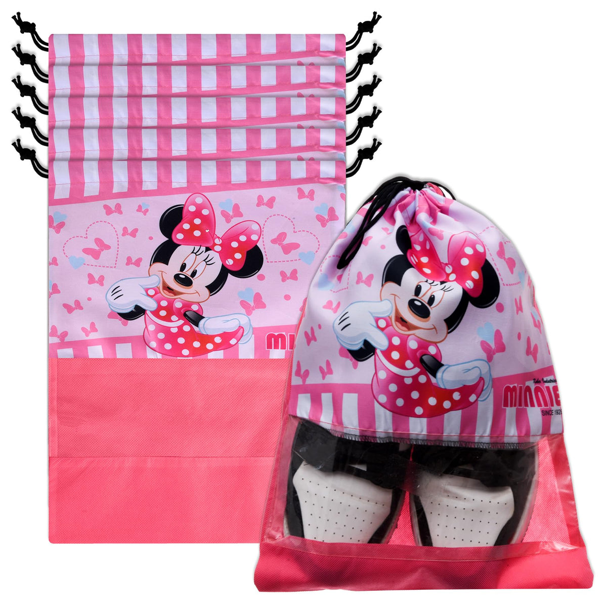 Heart Home Disney Minnie Shoe Cover | Travel Shoe Storage Bags | Polyester Storage Bag | Drawstring Shoe Cover | Shoe Organizer with Clear window | Pack of 6 | Pink