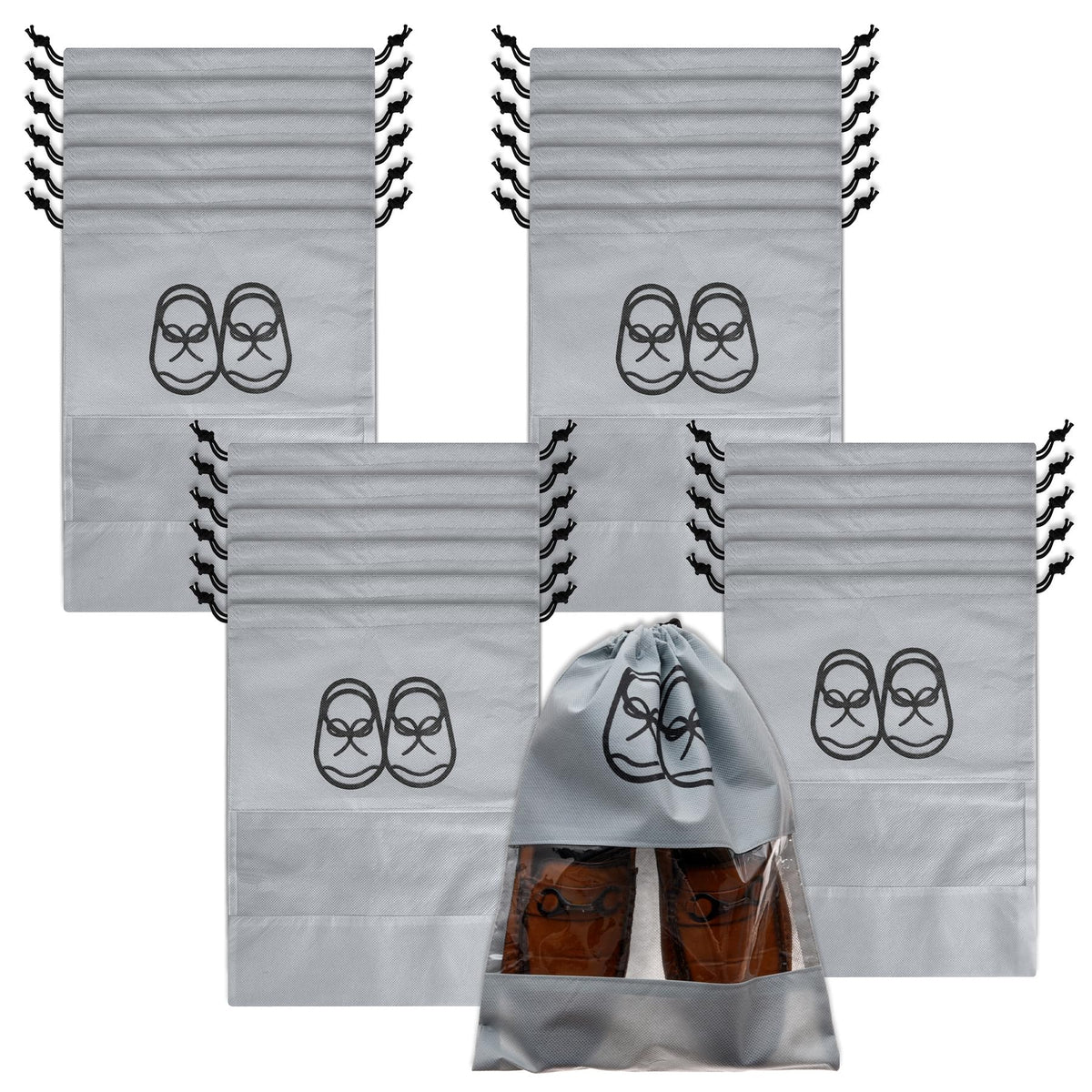Heart Home Shoe Cover | Travel Shoe Storage Bags | Non-Woven Storage Bag | Shoe Cover with Drawstring | Shoe Organizer with Clear window | Plain | Pack of 24 | Gray