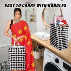 Heart Home Laundry Basket | Check Laundry Basket | Canvas Storage Bag with Handles | Clothes Storage Basket for Home | Toy Storage Basket | 75 LTR | Large | Pack of 2 | Black