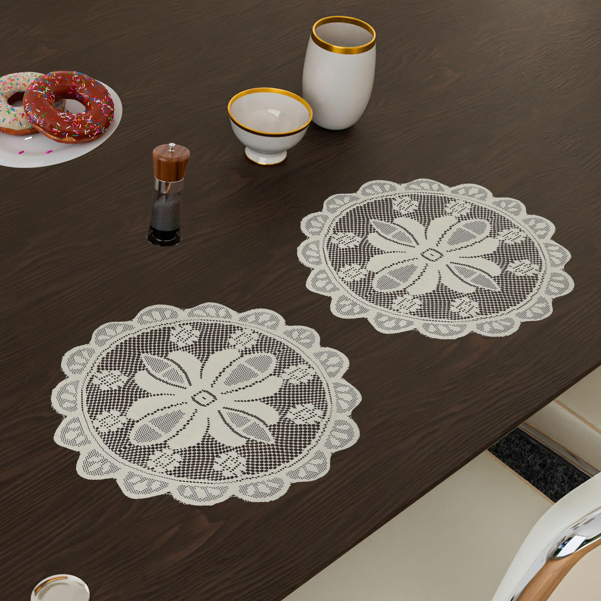 Heart Home Placemat | Dining Table Placemat | Center Table Mats | Round Plain Net Placemat Set | Side Table Placemats for Hotel-Home Décor | 20 Inch | Pack of 2 | Light Cream