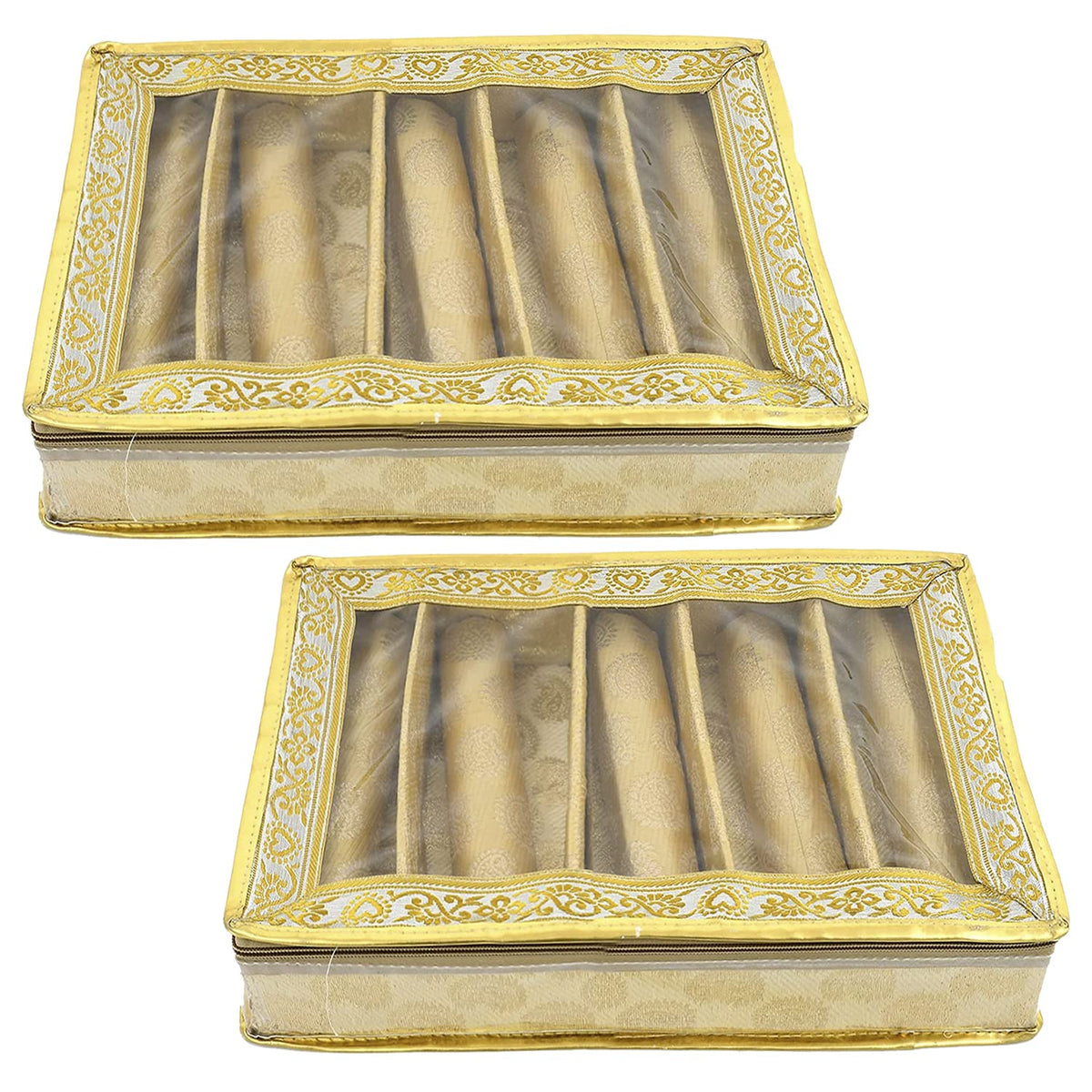 Heart Home Multipurpose Feather Design Laminated 5 Rod Bangle Box/Organizer/Case With Tranasparent Top - Pack of 2 (Gold)-47HH0187