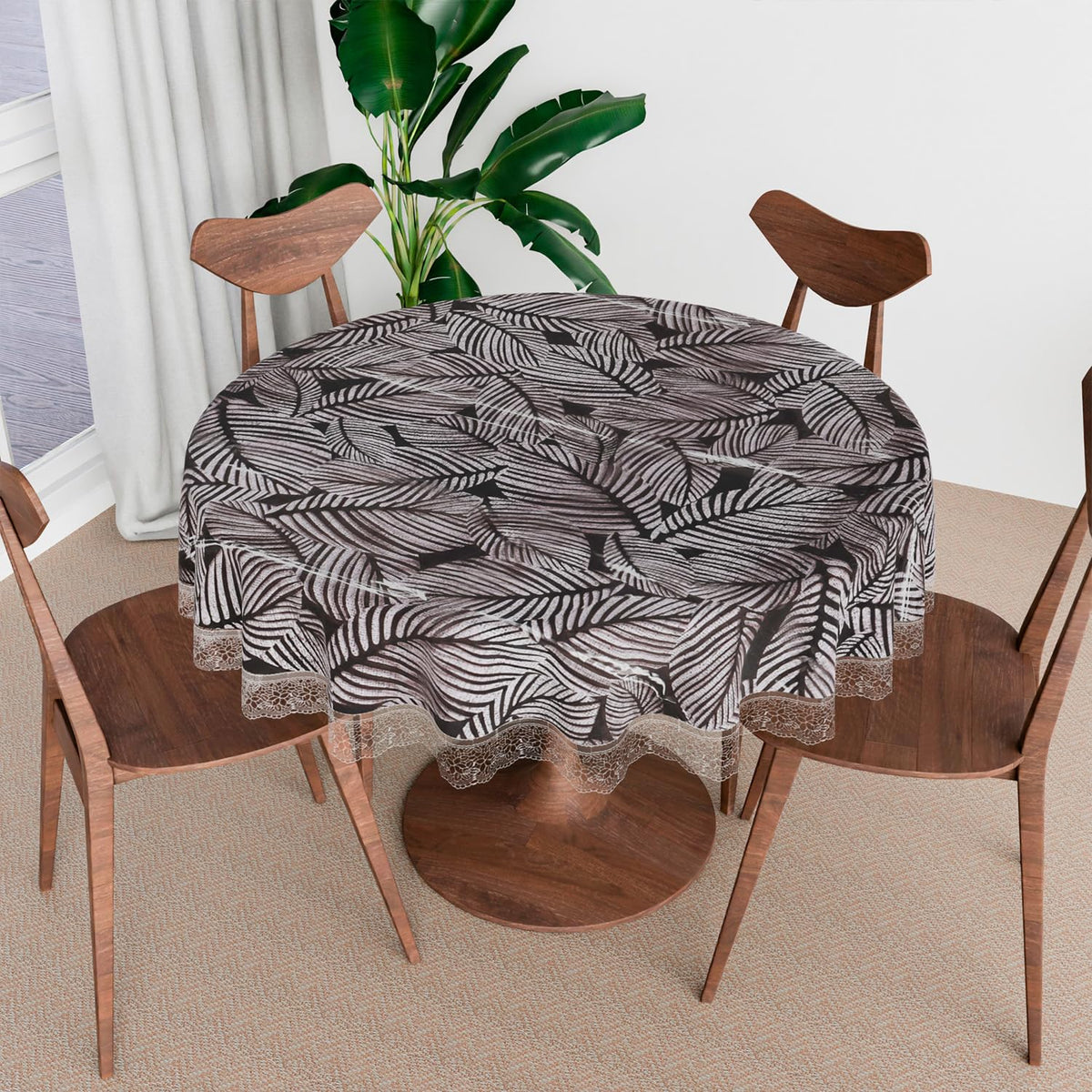 Heart Home Round Table Cover | PVC Table Cloth for Round Tables | 4 Seater Round Table Cloth | Transparent Leaf Kitchen Dining Tablecloth | Tabletop Cover | 60 Inch | Black