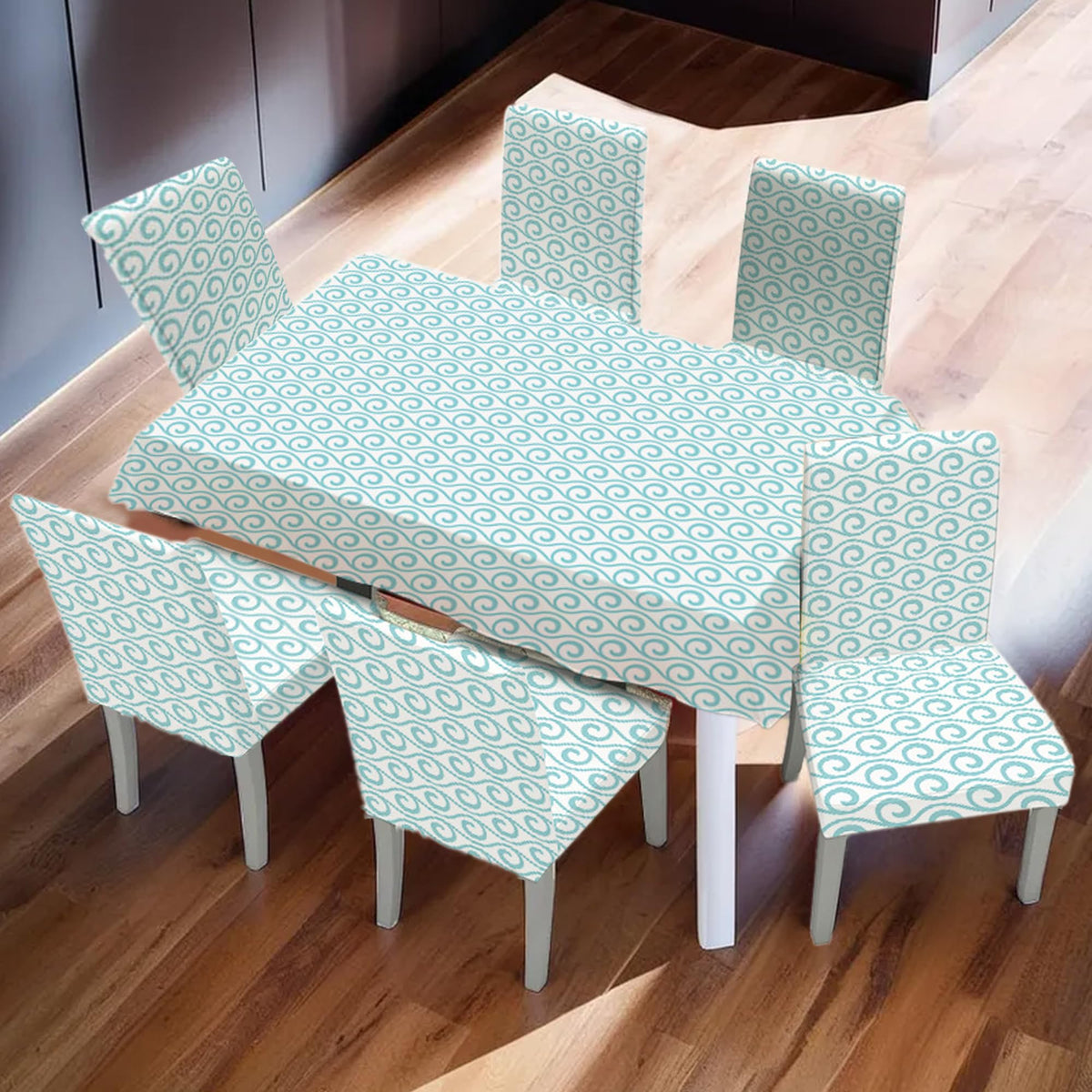 Kuber Industries Set of 7 Waterproof & Oil Repellent Dining Table Chair Cover 6 Seater Full Set | Washable & Dustproof Seat Cover Protector Slipcover Cloth | Swirl Pattern Light Blue