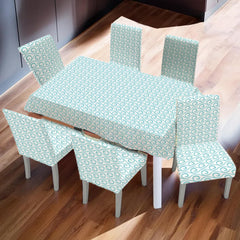 Kuber Industries Set of 7 Waterproof & Oil Repellent Dining Table Chair Cover 6 Seater Full Set | Washable & Dustproof Seat Cover Protector Slipcover Cloth | Swirl Pattern Light Blue