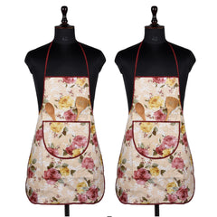 Kuber Industries Apron | PVC Cooking Kitchen Apron | Apron for Restaurent | Flower Apron for Housewife | Chef Apron with Ties | Center Pocket Apron | Pack of 2 | Beige