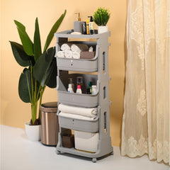 Kuber Industries Pack of 5 Adjustable Storage 3 Tier Shelf | Rolling Shelf | Multipurpose | Book, Kitchen, Laundry Storage Rack| MC2018-37 | Grey