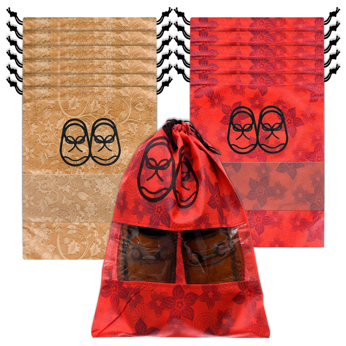 Heart Home Shoe Cover | Travel Shoe Storage Bags | Non-Woven Storage Bag | Shoe Cover with Drawstring | Shoe Organizer with Clear window | Pack of 12 | Multi