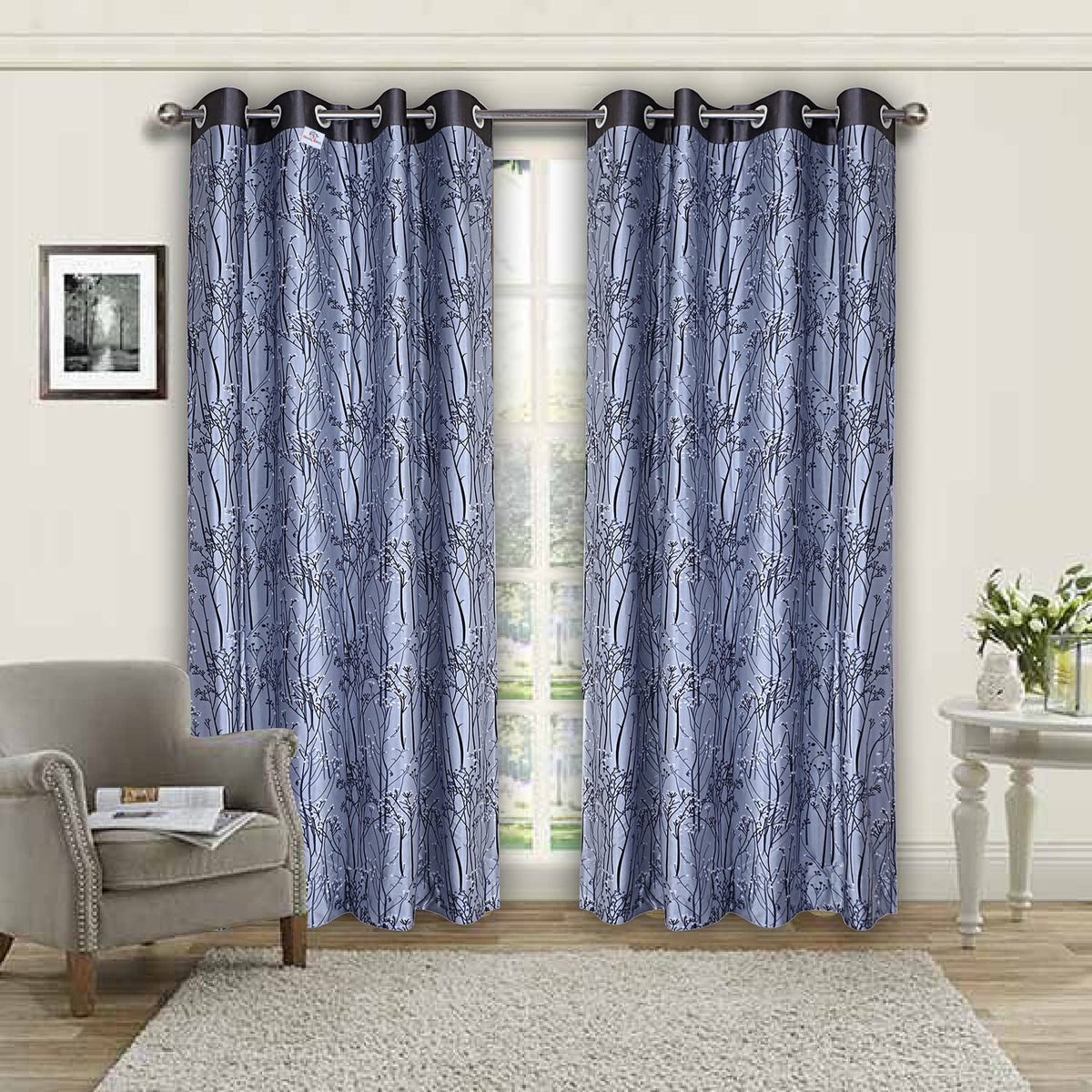Kuber Industries Heart Home Polyester Decorative 9 Feet Long Door Curtain|Tree Branches Print Blackout Drapes Curatin with 8 Eyelet for Home & Office, Pack of 2 (Gray)