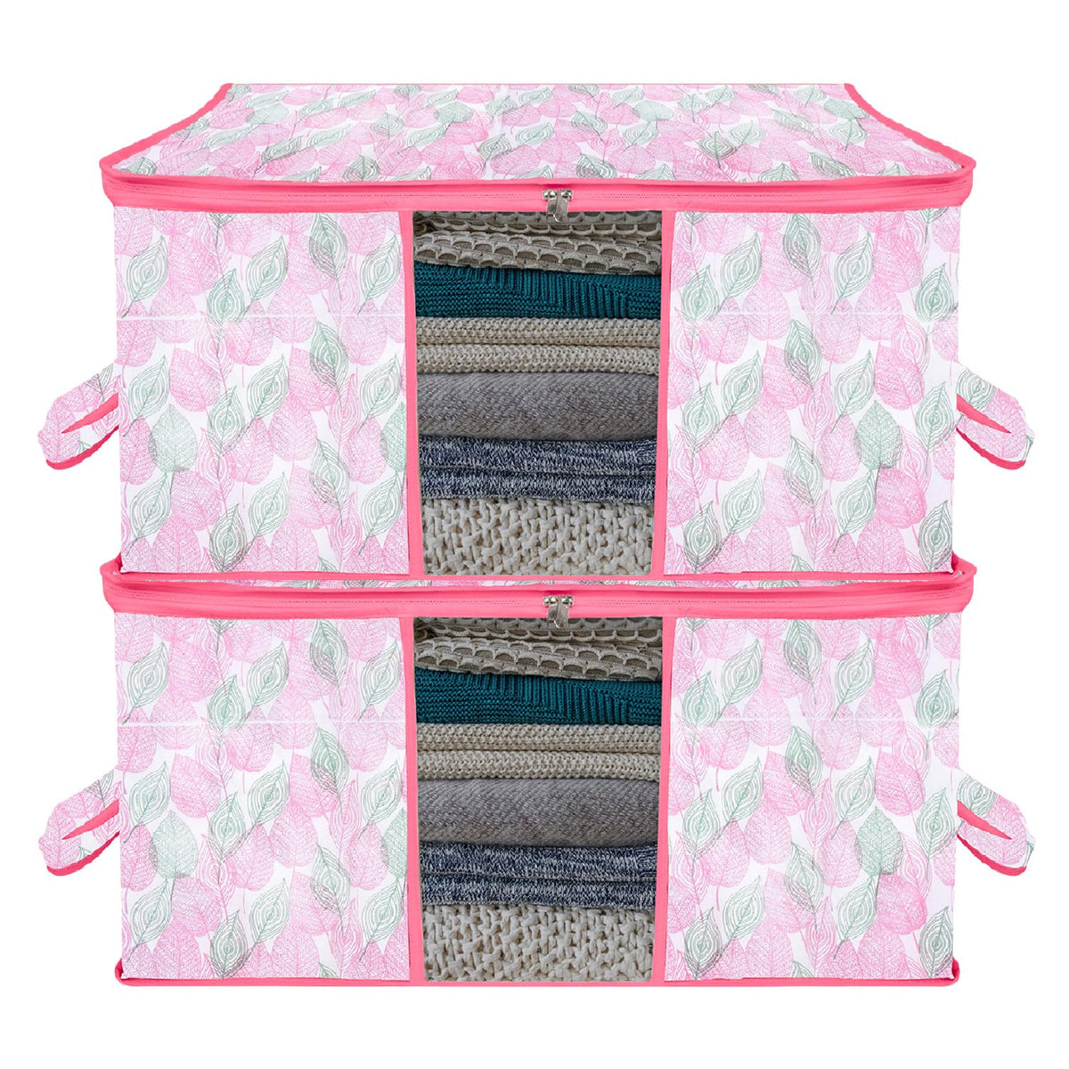 Heart Home Underbed Storage Bag | Clothes Storage Organizer | Blanket Cover with Clear Window | Zipper Closure & Handle Cloth Organizer | Flower Patta-Design | Large | Pack of 2 | Pink