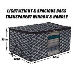 Heart Home Underbed Storage Bag | Clothes Storage Organizer | Blanket Cover with Clear Window | Zipper Closure & Handle Cloth Organizer | Check-Design | Large | Pack of 3 | Black