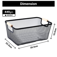 Heart Home Metal Mesh basket for storage with wooden handle | 440 gm | Fruit basket for Kitchen | Kitchen Organizer | Baskets for organizing home and kitchen | Multipurpose | Black