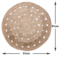Kuber Industries Hand Woven Carpet Rugs|Natural Stitch Braided Jute Door mat|Multi Circle Border Shape Mat for Bedroom,Living Room,Dining Room,Yoga,91x91 cm,(Brown)