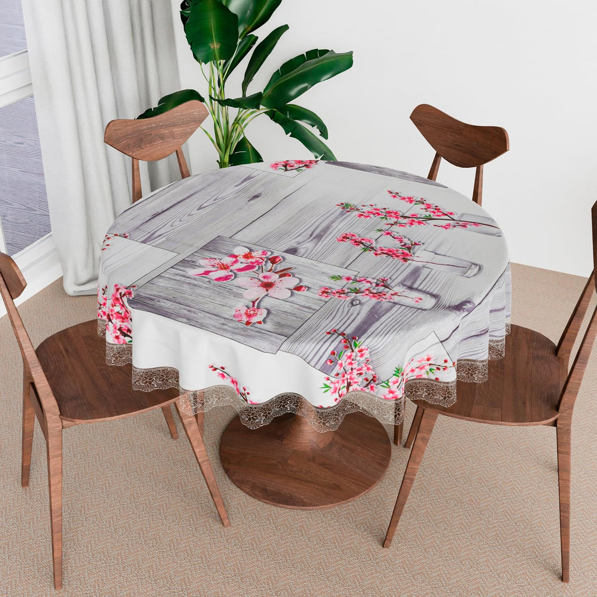 Heart Home Round Table Cover | Table Cloth for Round Tables | 4 Seater Round Table Cloth | Pink Flower Kitchen Dining Tablecloth | Tabletop Cover | 60 Inch | Gray
