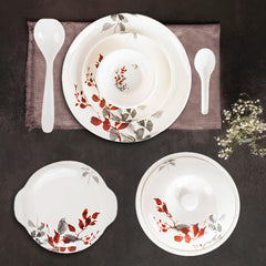 Kuber Industries 32 Pieces Round Melamine Microwave & Dishwasher Safe Dinnerware Kitchen Crockery Set | Glossy Dinner Sets & Kitchen Set for Home | Deluxe Red Gray Leaf - White