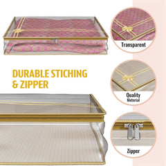 Heart Home Saree Cover | Clothes Storage Bag | Suit Packing Cover | Cloth Stoarge Organizer | Wardrobe Cloth Storage Organiser with Zip | Lining Bow Transparent | 3 Inch | Pack of 9 | Gold
