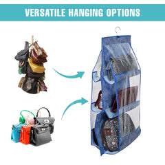 Kuber Industries Hanging Organizer | Handbag Organizer | Hanging Purse for Wardrobe | Transparent Clutch Organizer | Handbag Storage for Closet | 6 Pocket Hanger | Laheriya | Blue