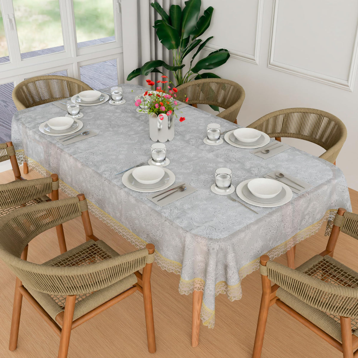 Kuber Industries Dining Table Cover | PVC Table Cover | Golden Embossed Lace Flower Table Cover | Table Protector | Table Cover for Dining Table | 60x90 | Transparent
