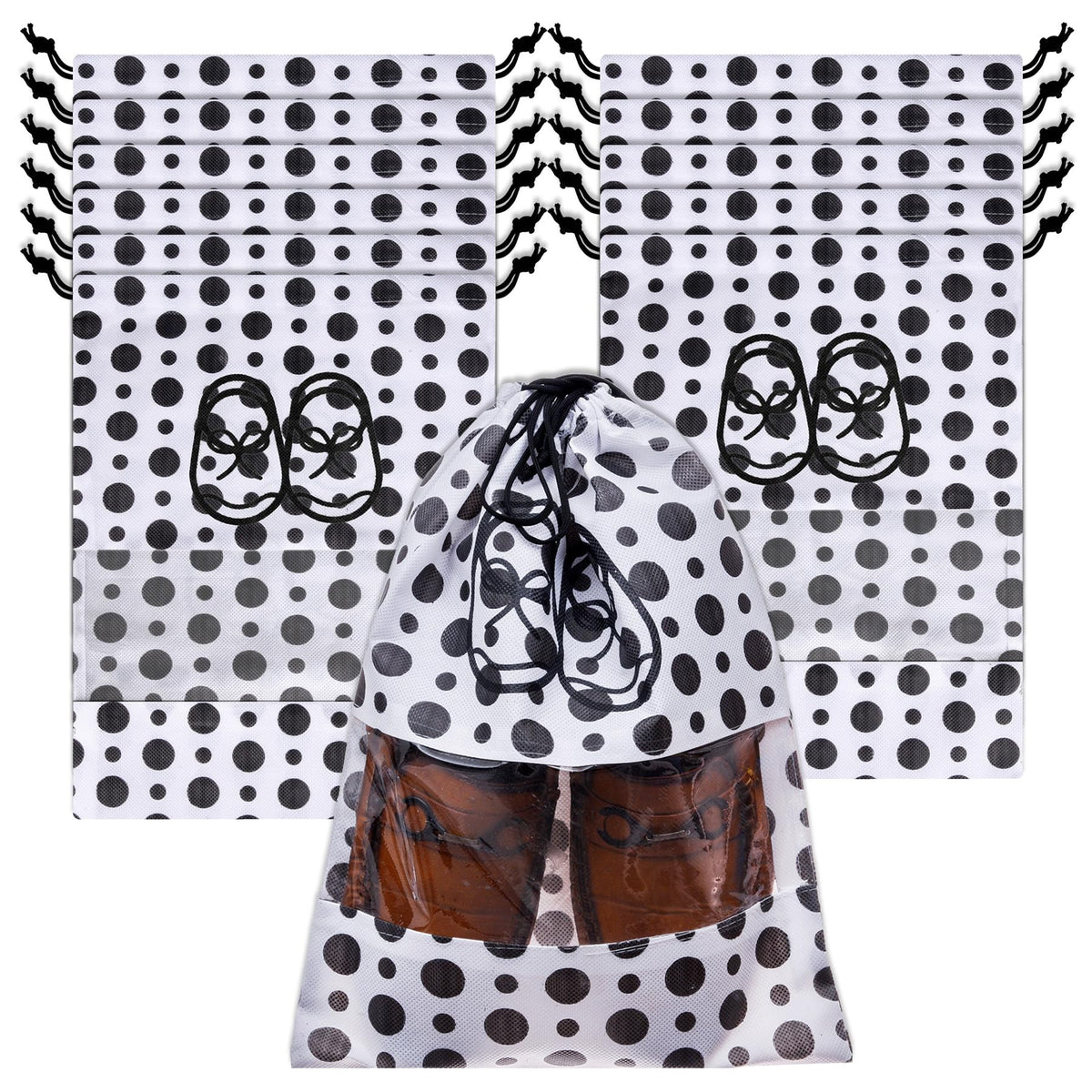 Heart Home Shoe Cover | Travel Shoe Storage Bags | Non-Woven Storage Bags | Shoe Cover with Drawstring | Shoe Organizer with Clear window | Black Dot-Design | Pack of 12 | White