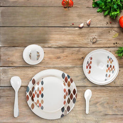 Kuber Industries 32 Pieces Round Melamine Microwave & Dishwasher Safe Dinnerware Kitchen Crockery Set | Glossy Dinner Sets & Kitchen Set for Home | Stylon Leaf Dots - White