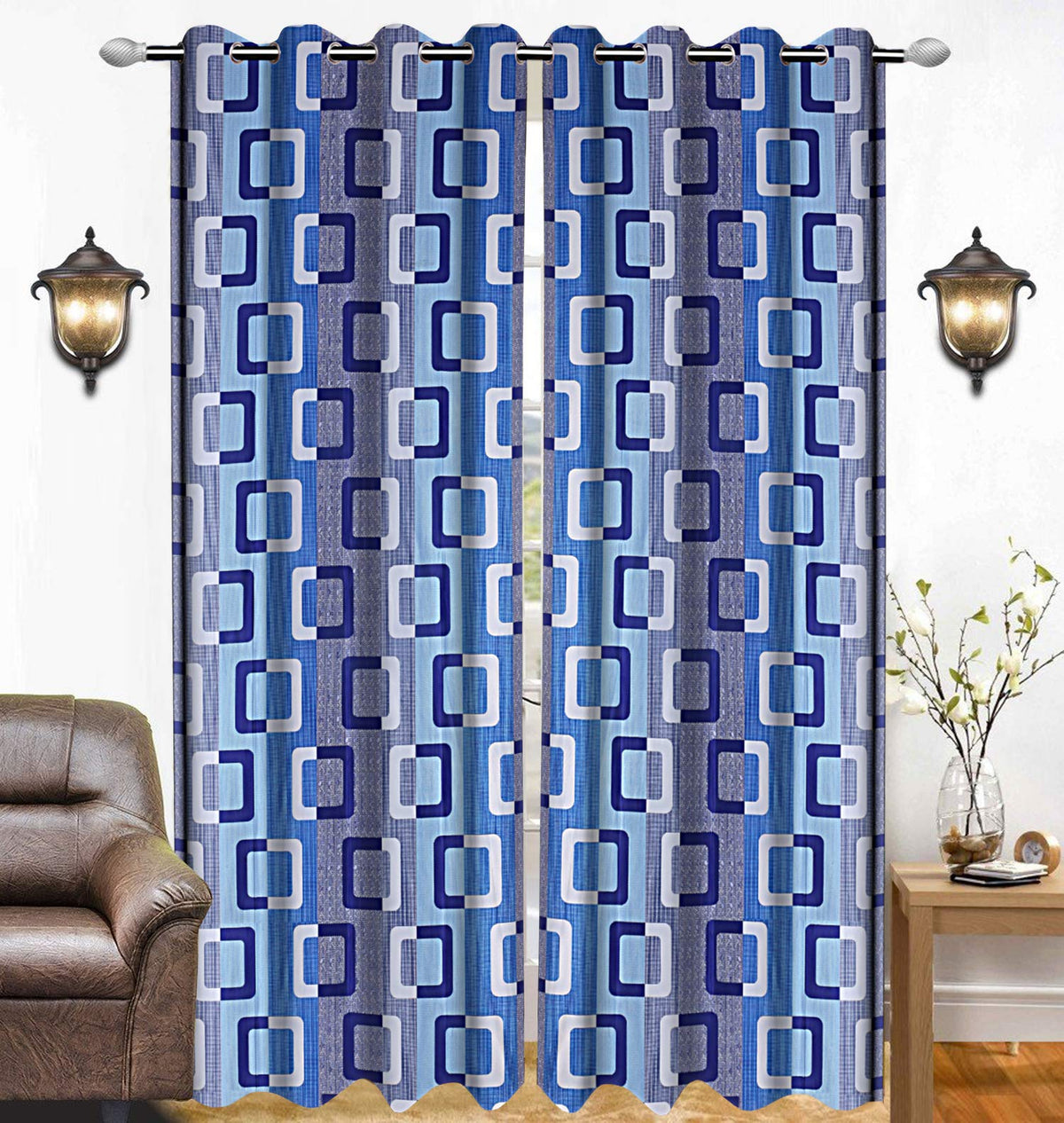 Kuber Industries Geometric Design 1 Piece Polyester Eyelet Door Curtain 7 Feet (Blue)-CTKTC030087