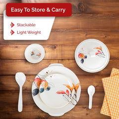 Kuber Industries 32 Pieces Round Melamine Microwave & Dishwasher Safe Dinnerware Kitchen Crockery Set | Glossy Dinner Sets & Kitchen Set for Home | Stylon Vector Floral - White