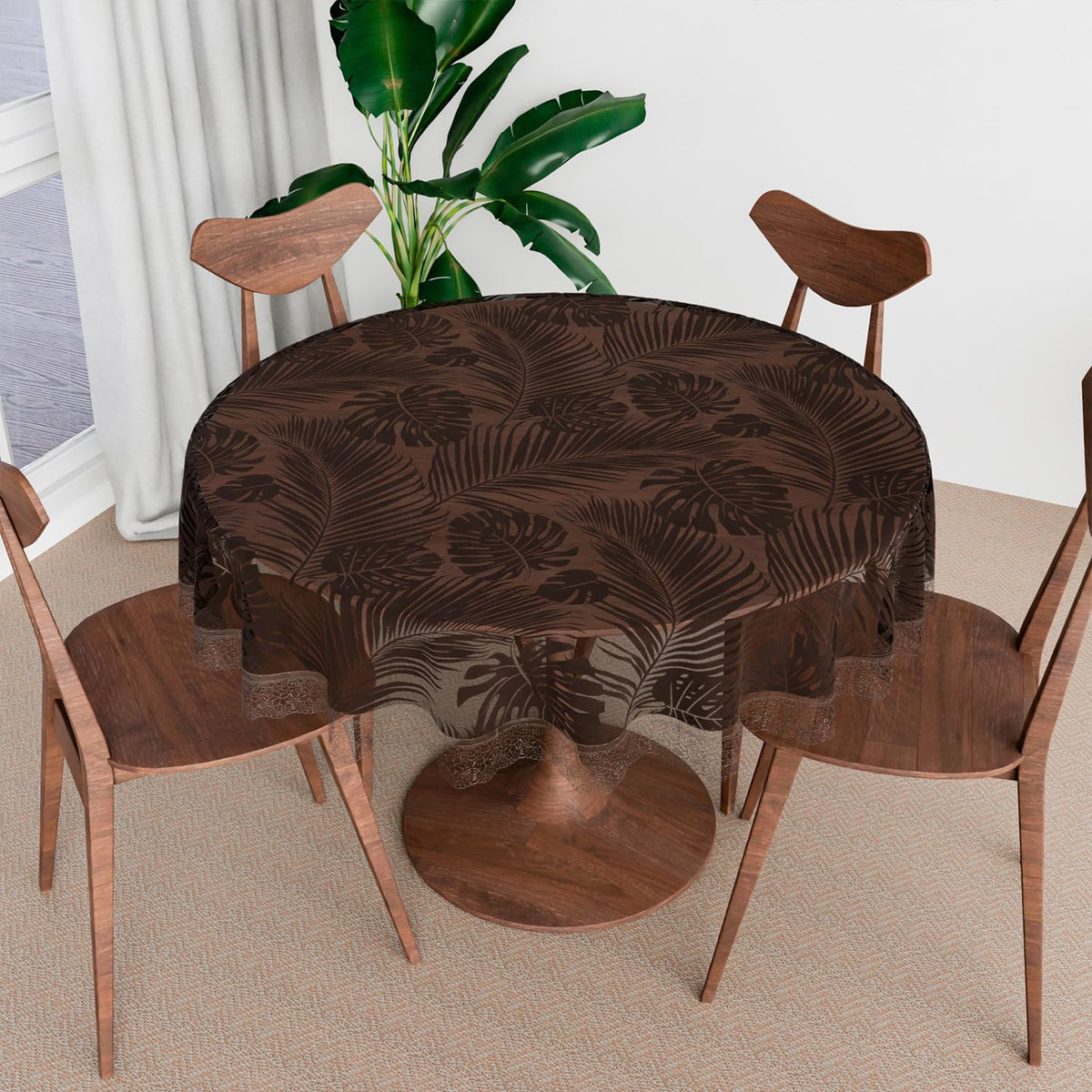 Heart Home Round Table Cover | PVC Table Cloth for Round Tables | 4 Seater Round Table Cloth | 3D Leaf Kitchen Dining Tablecloth | Tabletop Cover | 60 Inch | Brown