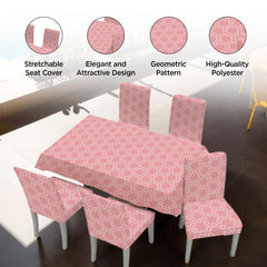 Kuber Industries Set of 7 Waterproof & Oil Repellent Dining Table Chair Cover 6 Seater Full Set | Washable & Dustproof Table & Seat Cover Protector Slipcover | Geometric Pattern Pink