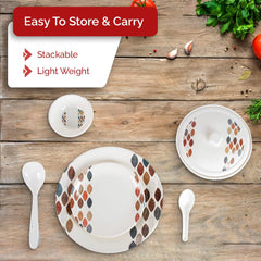 Kuber Industries 32 Pieces Round Melamine Microwave & Dishwasher Safe Dinnerware Kitchen Crockery Set | Glossy Dinner Sets & Kitchen Set for Home | Stylon Leaf Dots - White