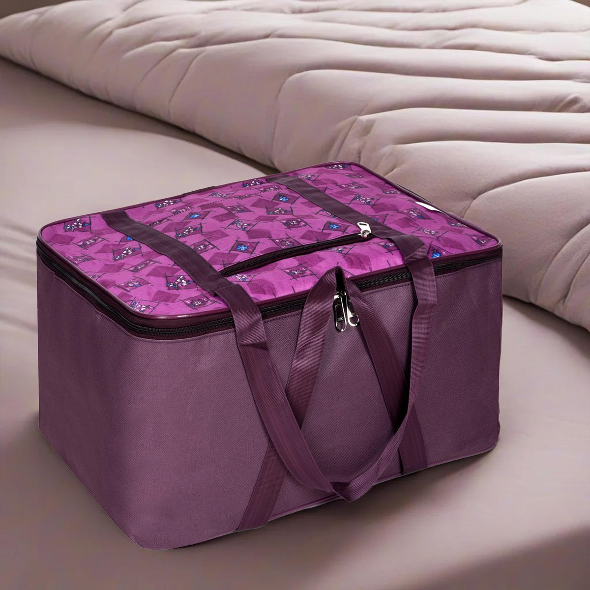 Heart Home Storage Bag | Clothes Storage Attachi Bag | Underbed Storage Bag | Zipper Storage Bag | Wardrobe Organizer with Handle | Travel Attachi Bag | Flower Check | Small | Purple
