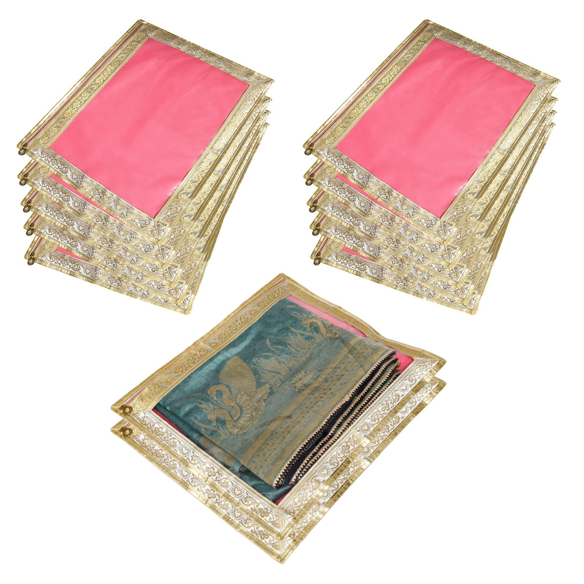 Heart Home Saree Cover | Clothes Storage Bag | Single Packing Saree with Zip Closure | Wardrobe Organizer | Cloth Stoarge Organizer | 4 Side Lace Saree Cover | Pack of 12 | Light Pink