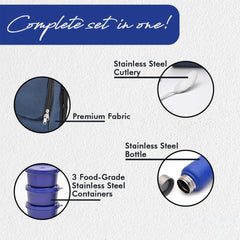 Kuber Industries Leakproof & BPA Free Compact Tiffin Bags with Bottle & 3 Spill-Proof Containers for Unisex | Stackable Steel Lunch Boxes for Office Men & Women | Blue