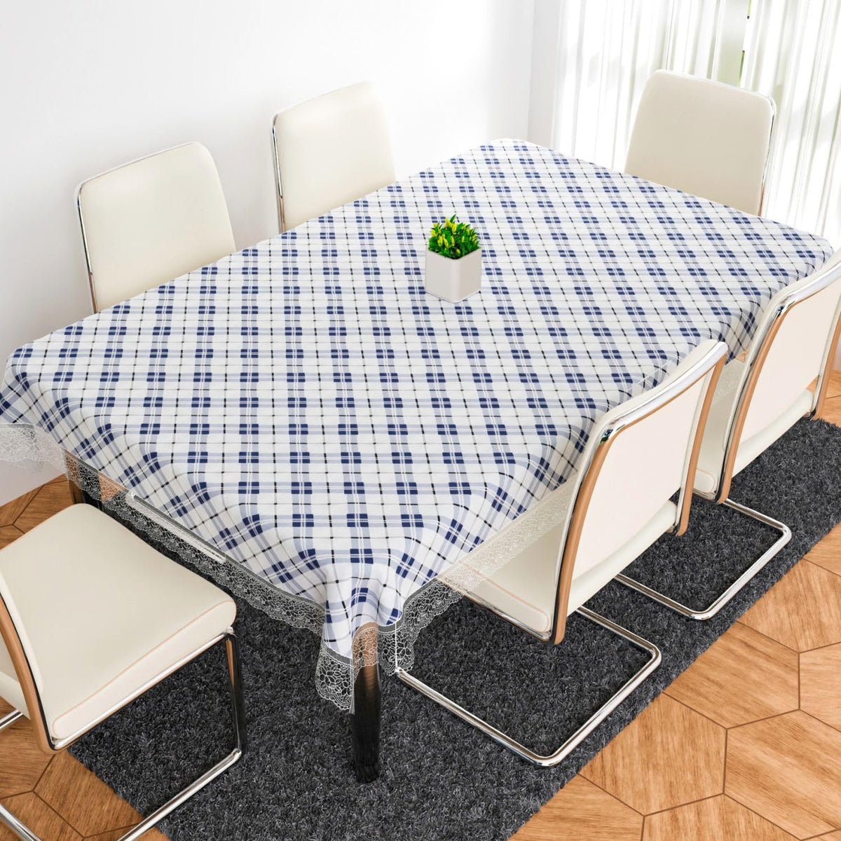 Kuber Industries Dining Table Cover | PVC Table Cloth Cover | 6-Seater Table Cloth | Table Protector Cover | Table Cover for Dining Table | Blue Check Table Cover | 60x90 Inch | DTC | White