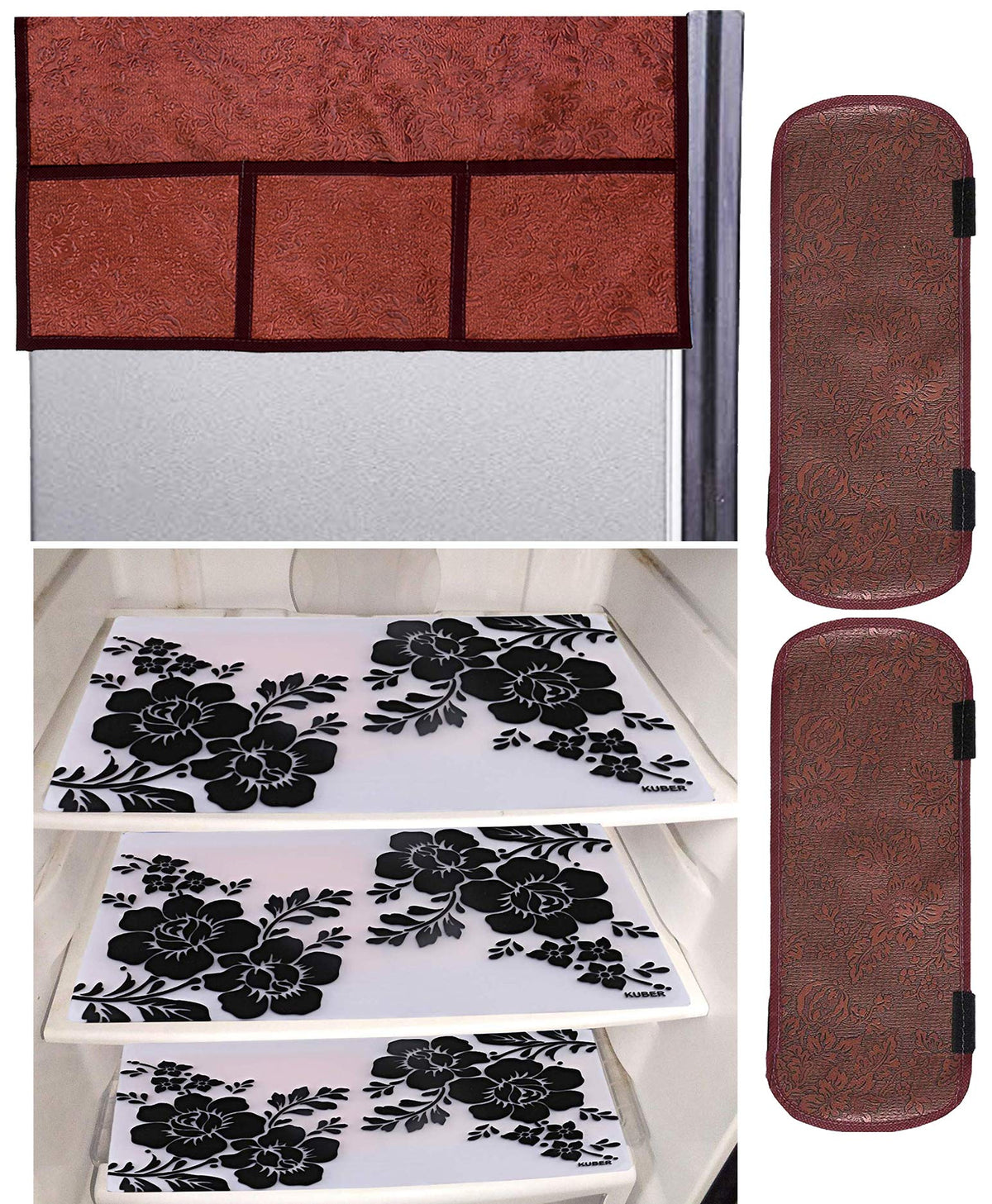 Kuber Industries Flower Design 3 Pieces PVC Fridge Mats,2 Piece Handle Cover and 1 Piece Fridge Top Cover (Maroon) - CTKTC39668