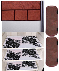 Kuber Industries Flower Design 3 Pieces PVC Fridge Mats,2 Piece Handle Cover and 1 Piece Fridge Top Cover (Maroon) - CTKTC39668