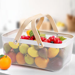 Urbane Home Metal Mesh Basket for Storage with wooden handle| 720gm | Fruit Basket and Vegetable Basket for Kitchen | Kitchen Organizer | Baskets for Organizing Home | White | Multipurpose |