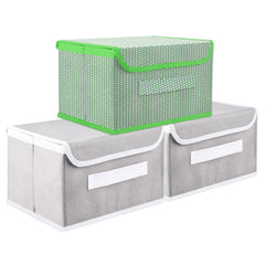 Heart Home Drawer Storage Box | Foldable Dhakkan Storage Box | Non-Woven Clothes Organizer For Toys | Storage Box with Handle | Small | Pack of 3 | Green & Gray