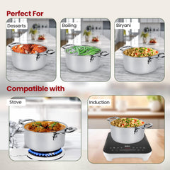 Kuber Industries 3L Stainless Steel Tope Set/Vessels for Cooking with Lid & Handle | Induction Safe Heavy Duty Gauge Boiling & Cooking Patila/Topiya/Bhagona Steel Utensils | Silver