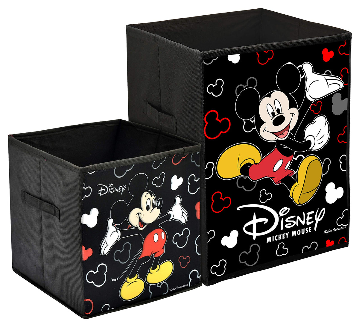 Kuber Industries Disney Mickey Mouse Print Non Woven Large Size Fabric Foldable Laundry Basket and Small Size Cube Toy, Books, Shoes Storage Box with Handle (Set of 2, Black)-KUBMART11899, Standard