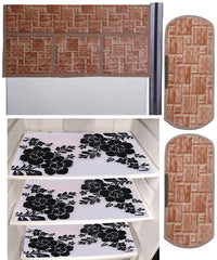 Kuber Industries Flower Design 3 Pieces PVC Fridge Mats,Wooden Checkered 2 Piece Handle Cover and 1 Piece Fridge Top Cover (Brown) - CTKTC39874