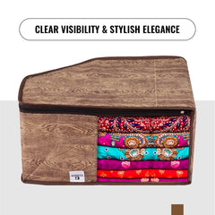 Heart Home Blouse Cover | Clothes Storage Bag | Zipper Wardrobe Organizers | Non-Woven Clothes Organiser | Side Transparent Blouse Organizer | Wooden Texture-Design | Pack of 9 | Brown
